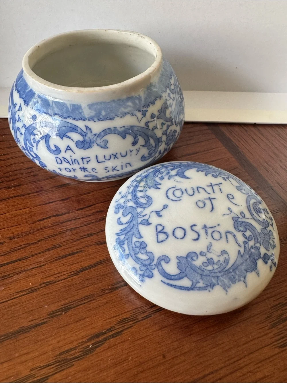 Antique Cobalt Blue Countie of Boston Magda Toilet Porcelain Cream Jar Pot Lid